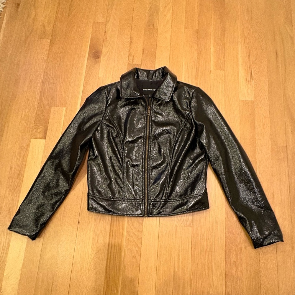 Who What Wear Womens Black Patent Faux Leather Bomber Biker Jacket / Size S - Picture 10 of 15